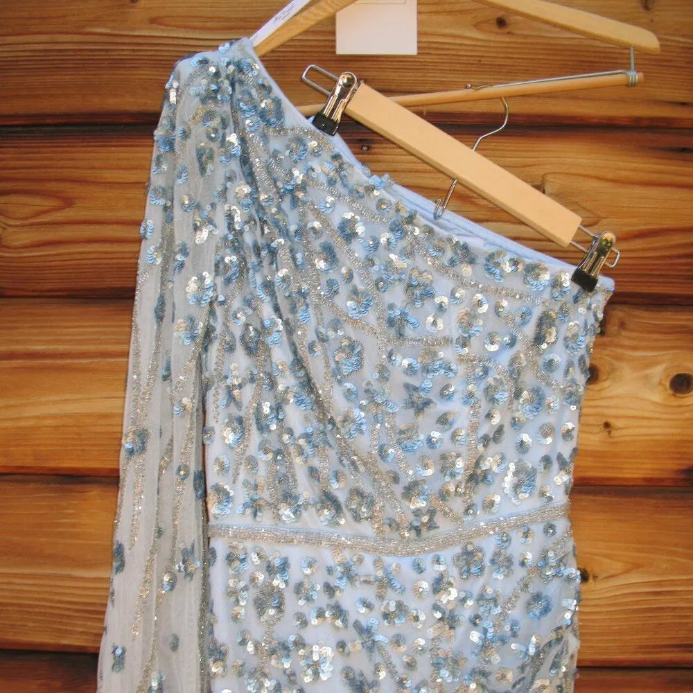 MAC DUGGAL  Blue Embellished One Sleeve Faux Wrap Gown 8 - Image 8