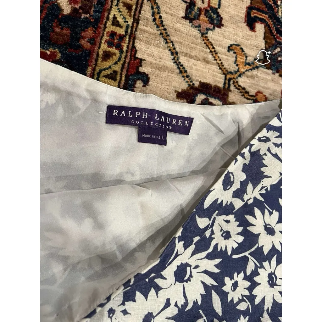 Ralph Lauren Collection Linen Blue White Floral Ruffle Hem Size 8 Made in USA - Image 7