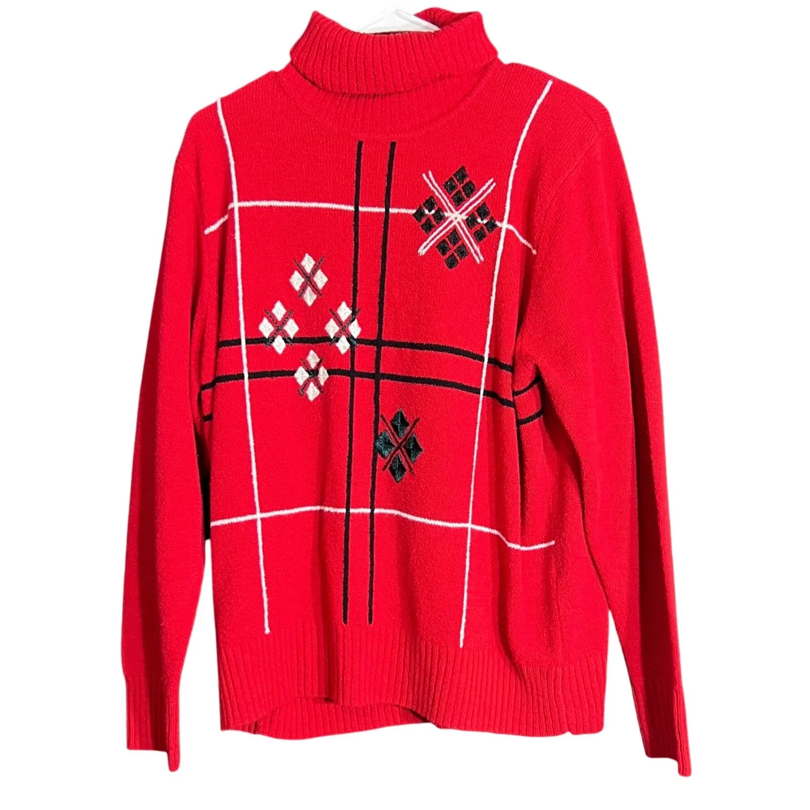 TanJay Vintage Turtleneck Sweater Womens Large Red Geometric Pattern Knit Cozy - Image 1