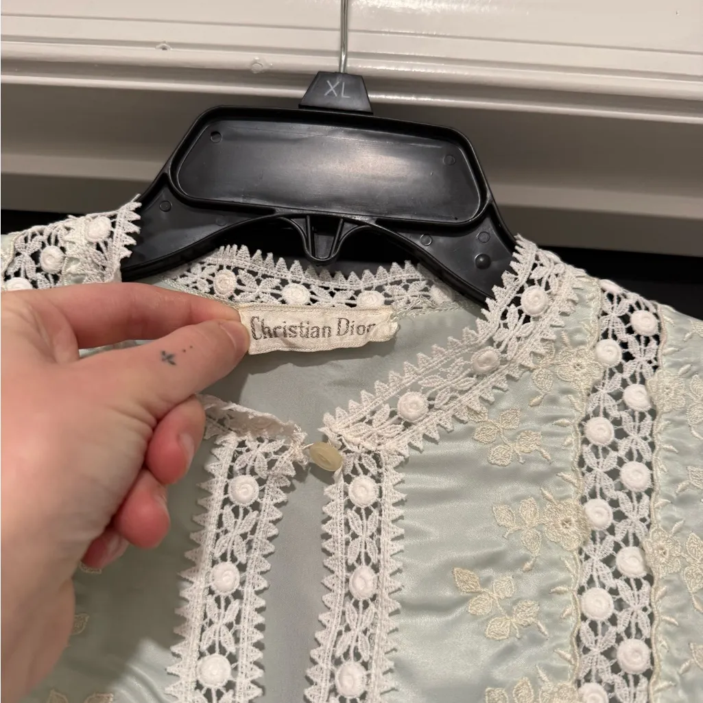 Christian Dior Vintage Blue Green Satin Lace Dress - Image 2