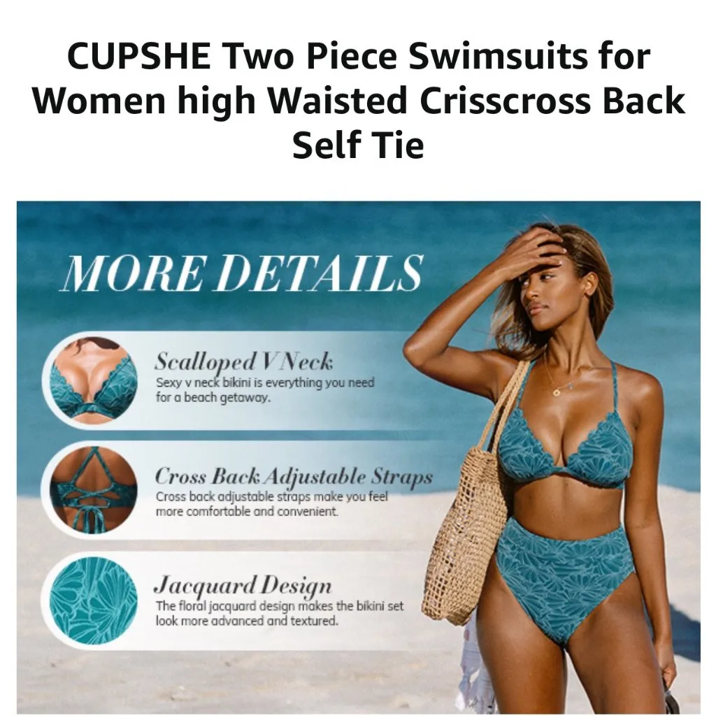 Cupshe Floral Scalloped‎ Top Bikini Set High Waist Bottoms Womens L NEW - Image 11