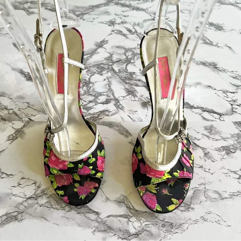 Betsey Johnson Sandals Black Silver Floral Rhinestone Strappy 8 - Image 14