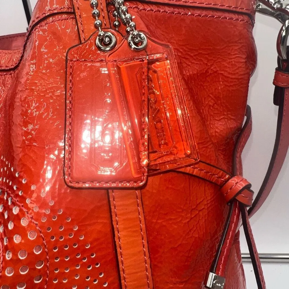 Coach AUDREY OP ART CORAL Peach Patent Leather Tote Shoulder/.Crossbody Bag BOTH - Image 4