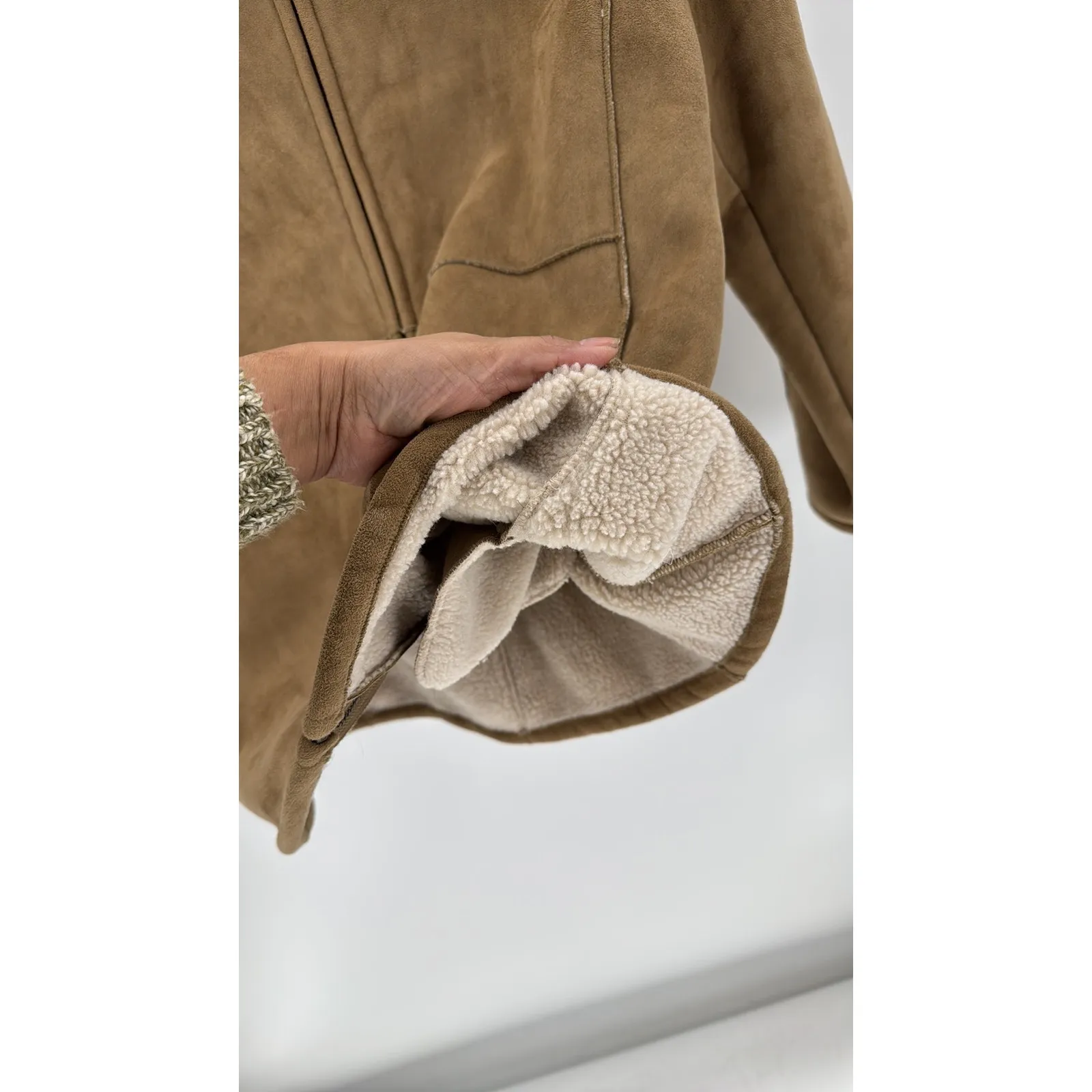 Shaver Lake Faux Suede Sherpa Lined Jacket size xl Front Zip Tan Exposed Seams - Image 7