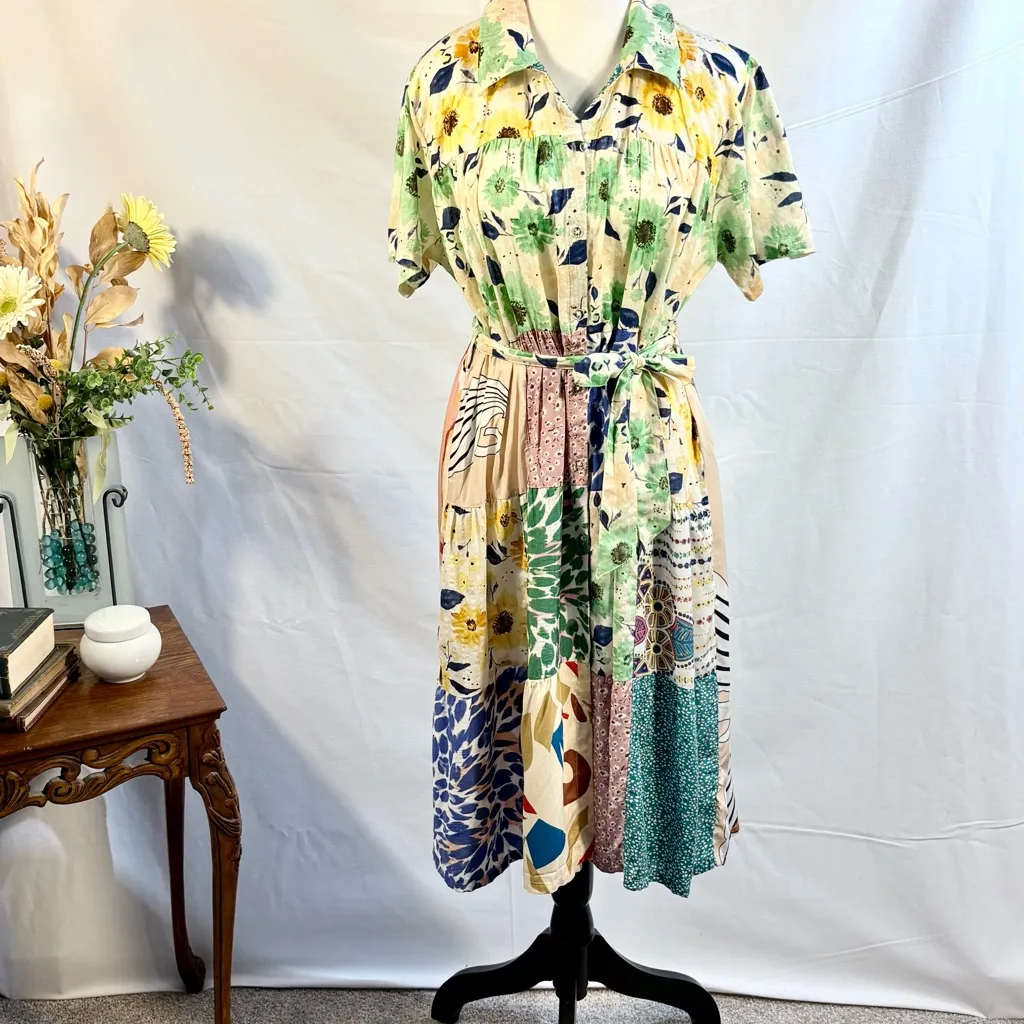 Yak & Yeti Patchwork Floral Button Front Midi Dress Size Medium🧡 Green - Image 2