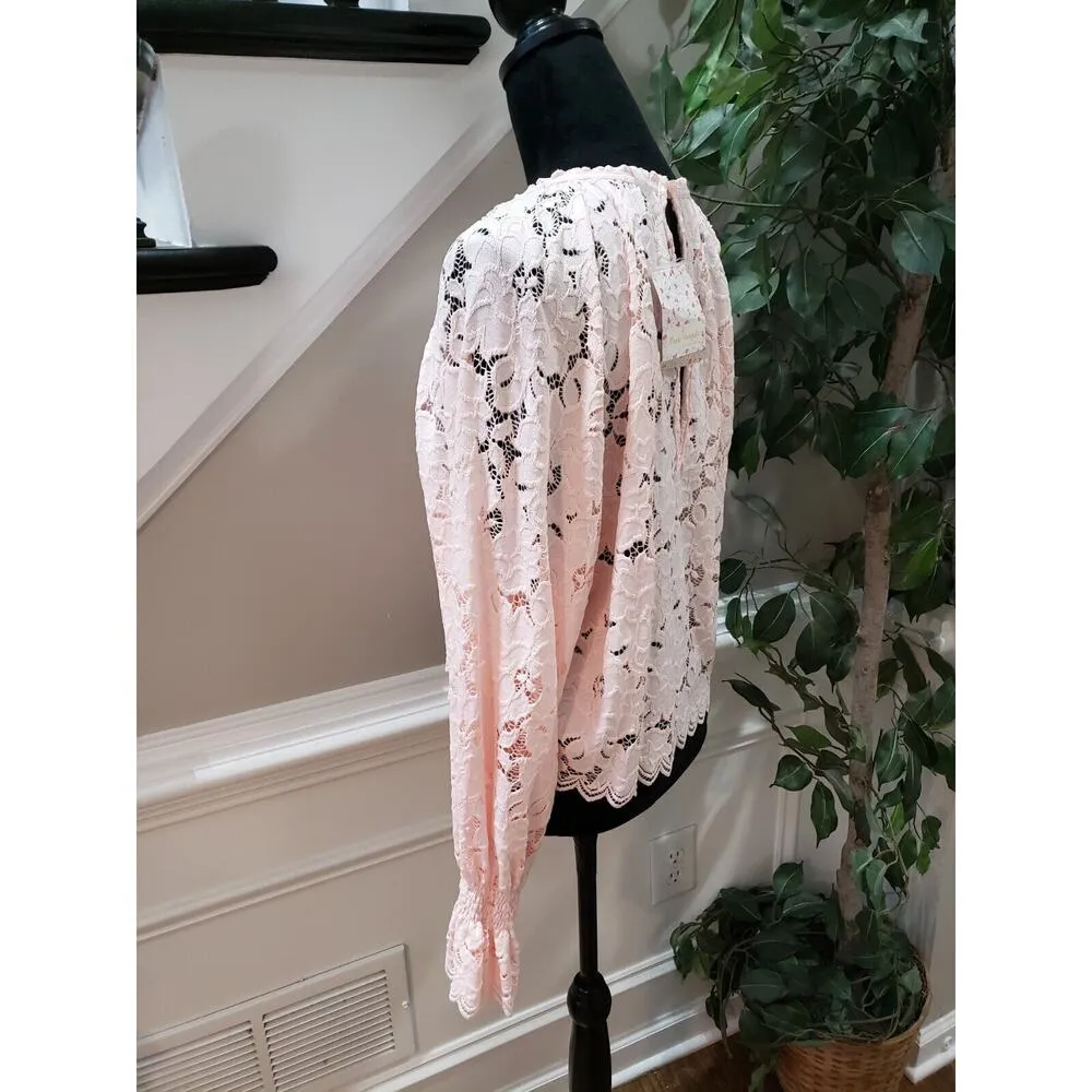 Free People Olivia Romantic Pink Lace Round Neck Flare Sleeve Blouse Size XS - Image 6