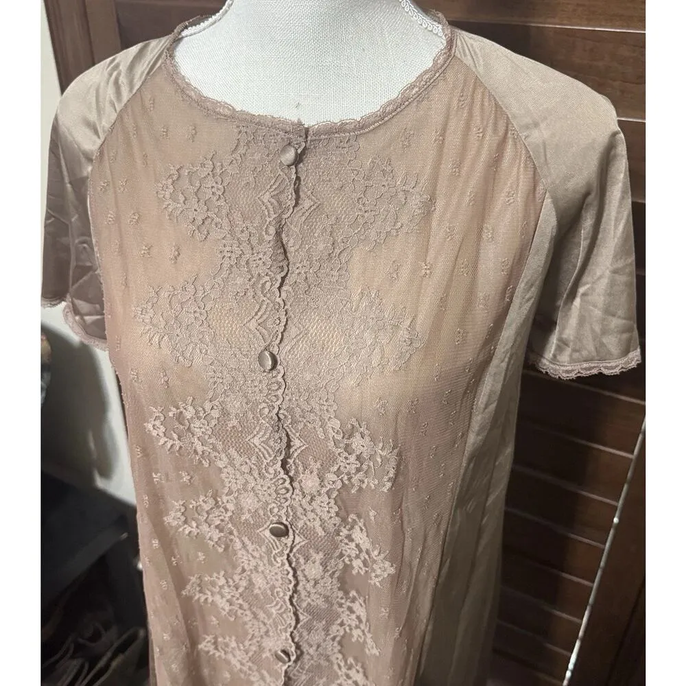 VTG Vanity Fair Brown Lace Nylon Babydoll nightie shirt sz M top 60s Chiffon - Image 2