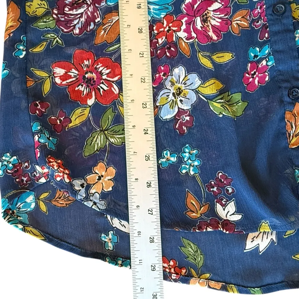 Kut from the Kloth Floral Blue Long Roll Tab Sleeve Sheer Button Down Size L - Image 9