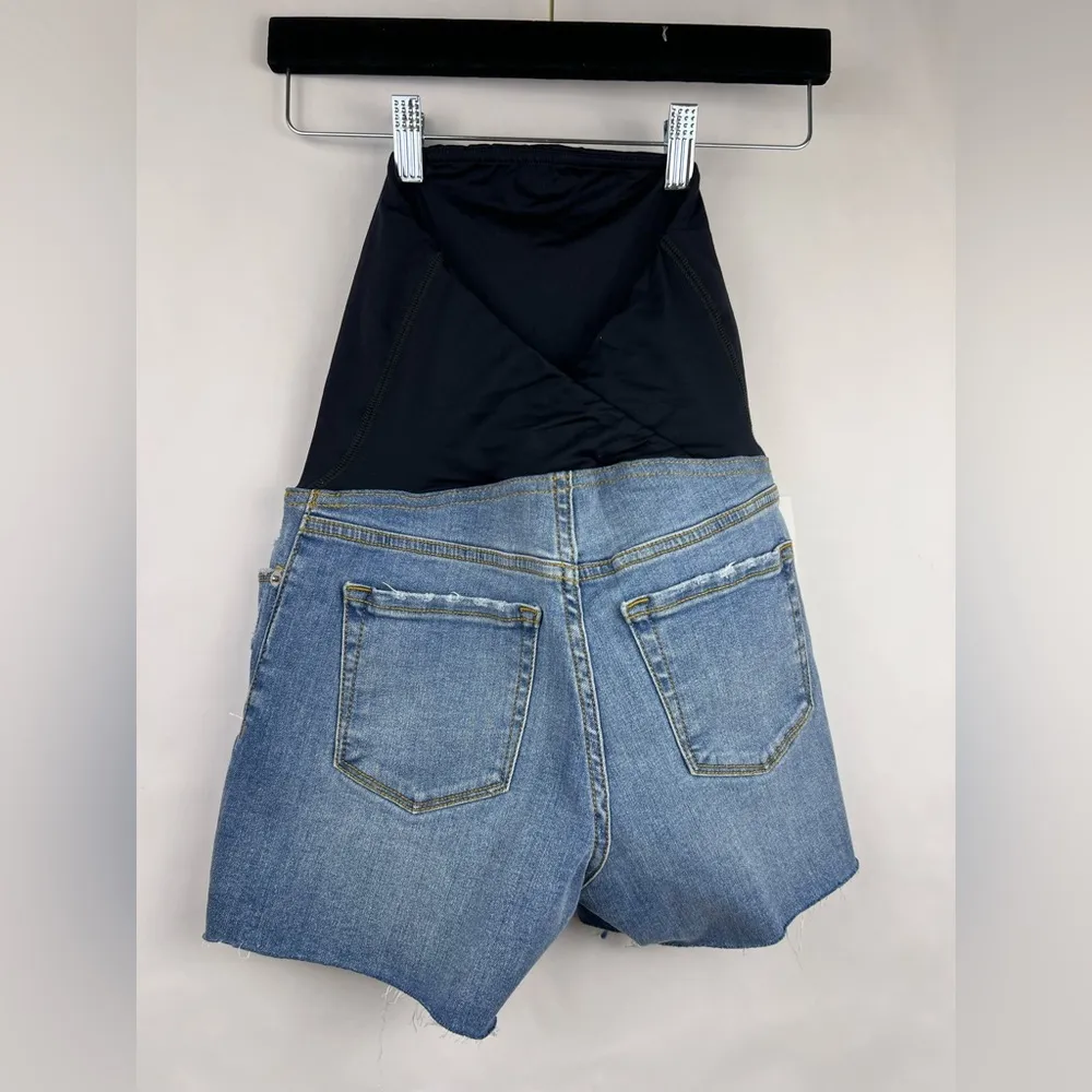 Isabel Maternity Mid Short Denim Jean Shorts Blue Raw Hem Crossover Panel Size 2 - Image 8