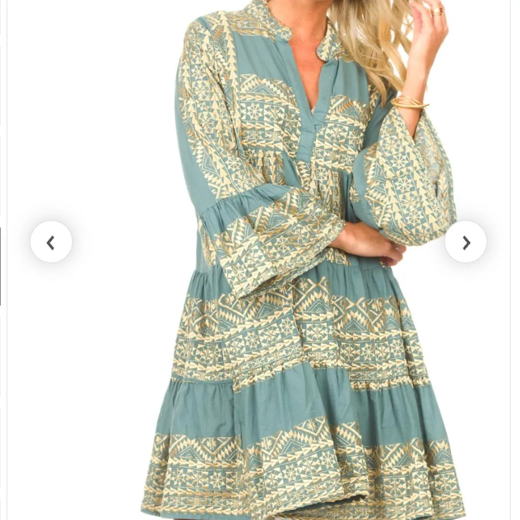 Greek Archaic Kori Adrianne Short Sleeve Gold Embroidered Ruffle Dress in Teal S Blue - Image 3