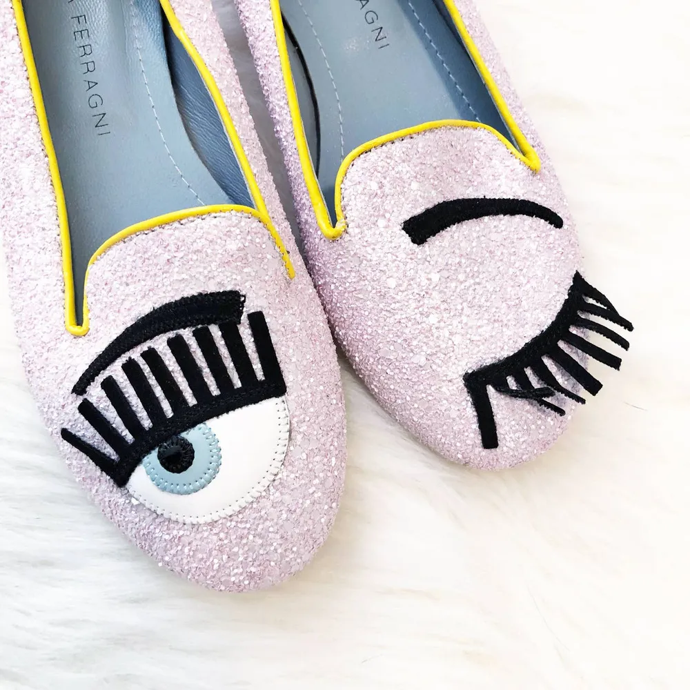 ($55) Chiara Ferragni Pink Flirting Eye Wink Glitter Flat Size undefined - Image 5