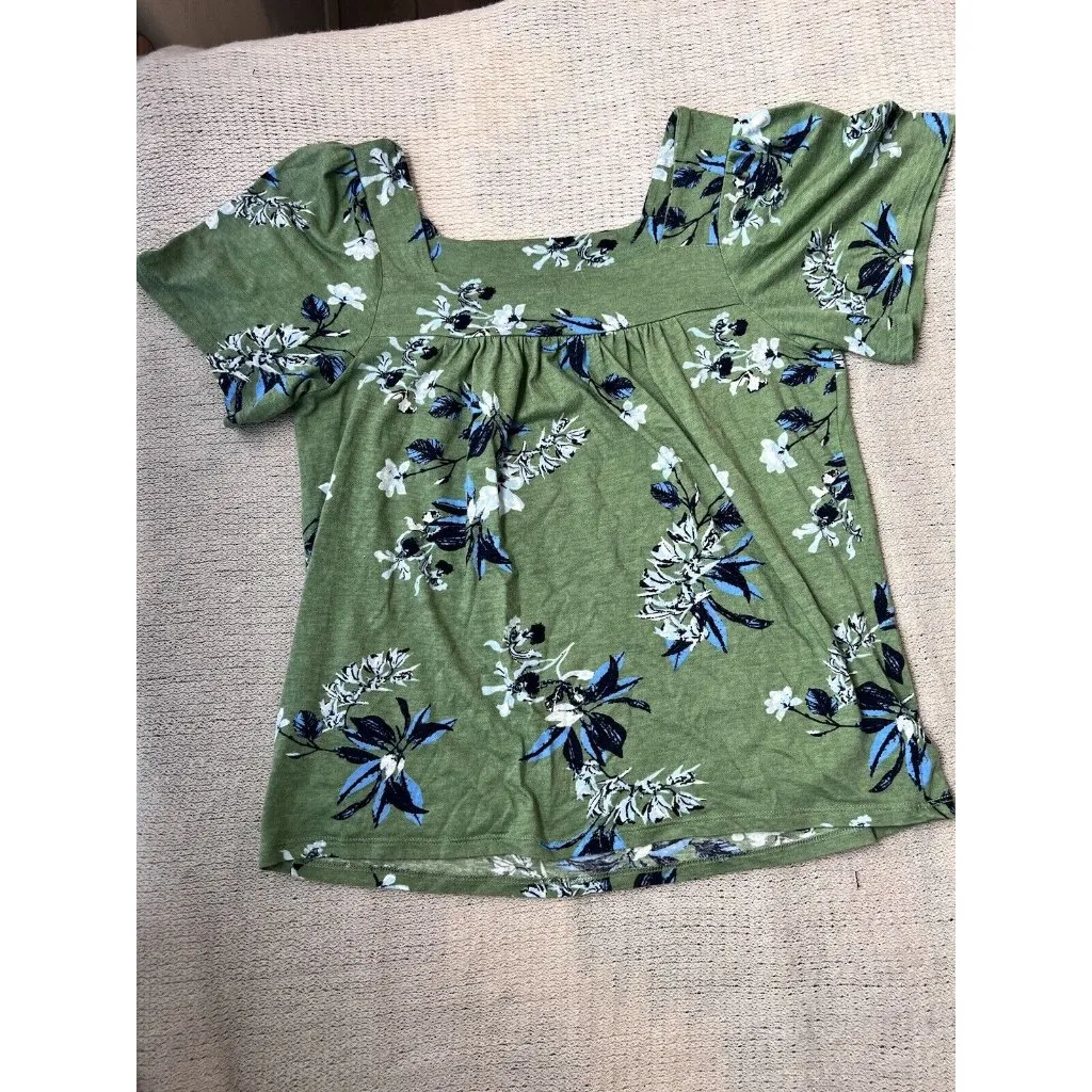 Lucky Brand Green‎ Floral Square Neck Short Sleeve Cotton Modal Top S - Image 3