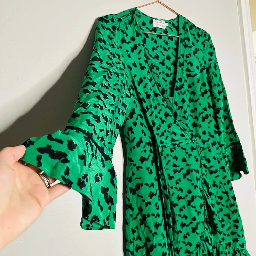 Tanya Taylor Women's Nomi Green Black Printed Long Sleeve Silk Short Dress sz 4 - Image 10