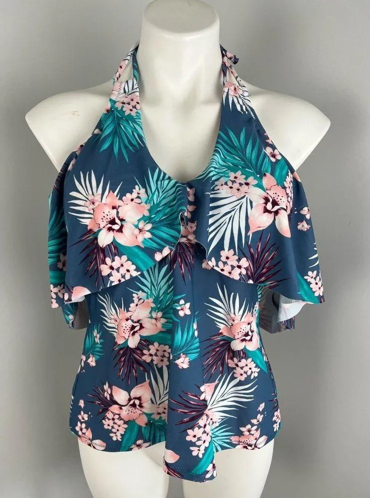 Raisins Curve Tropical Floral Print Ruffle Tankini Swim Top 14W - Image 2