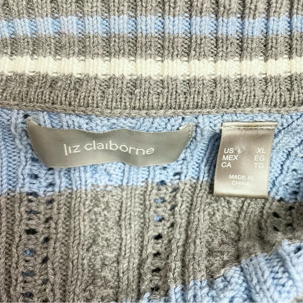 Liz Claiborne Cotton Cable Knit Sweater Size XL Blue Gray Stripe V-Neck VTG - Image 10