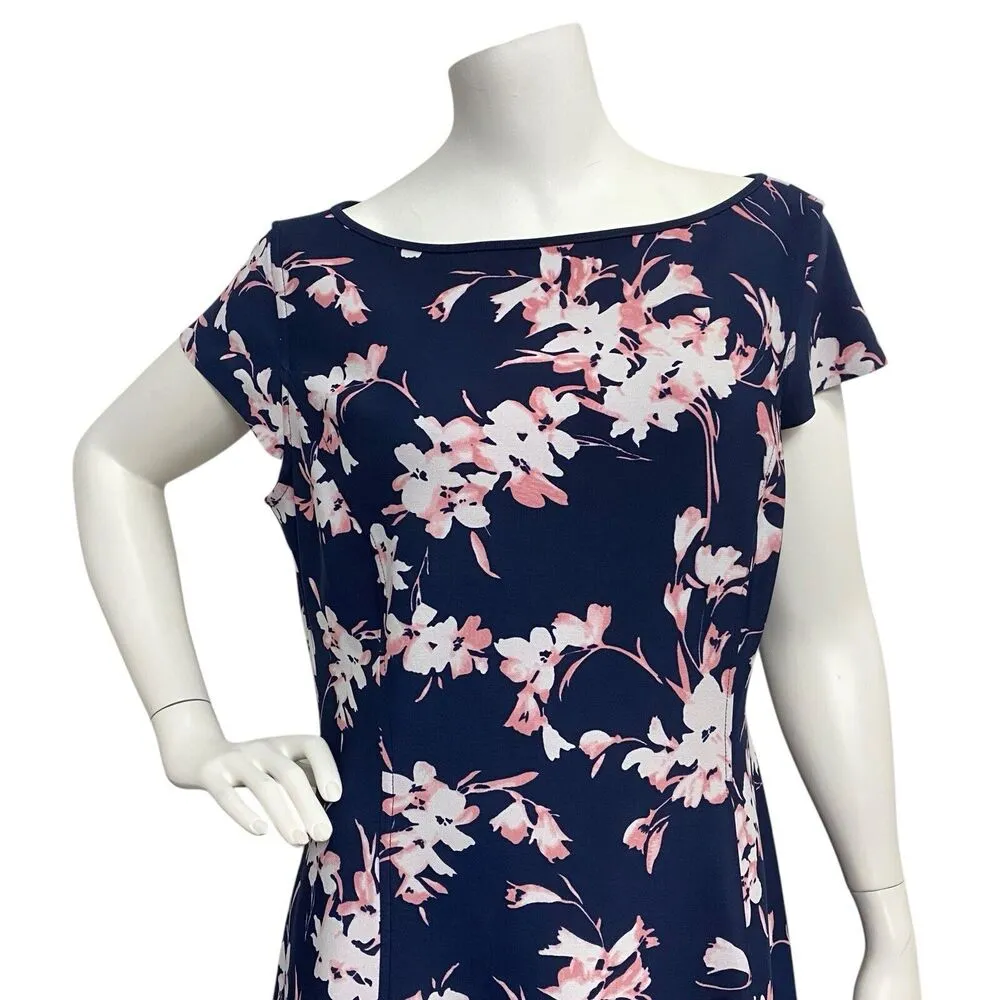 Tahari Women’s 12 Petite Dark Blue Pink Floral Print Knit Cocktail Skater Dress - Image 3