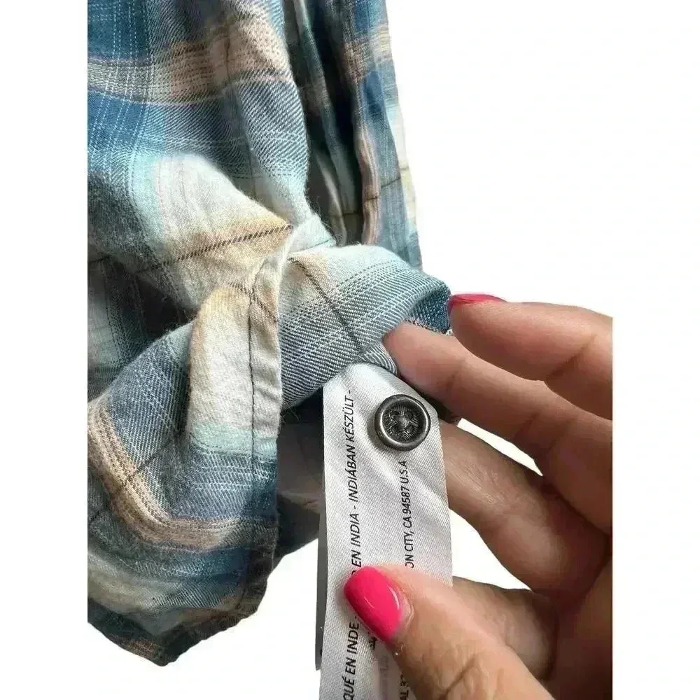 Ariat REAL Women's Small Plaid Long Sleeve Button Up Shirt Blue Pink Relaxed Fit - Image 9