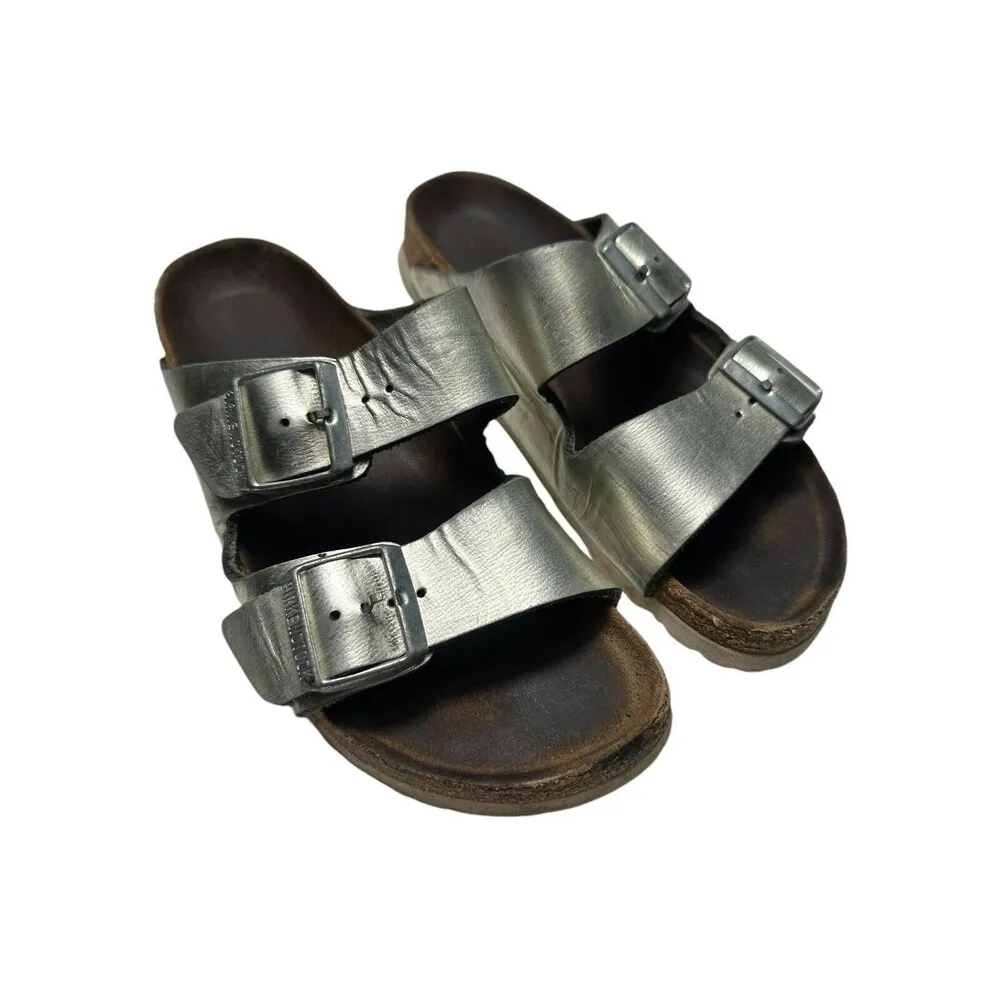 Birkenstock Arizona Soft Footbed Women Sz 37 Leather Metallic Silver Sandals 125 - Image 12