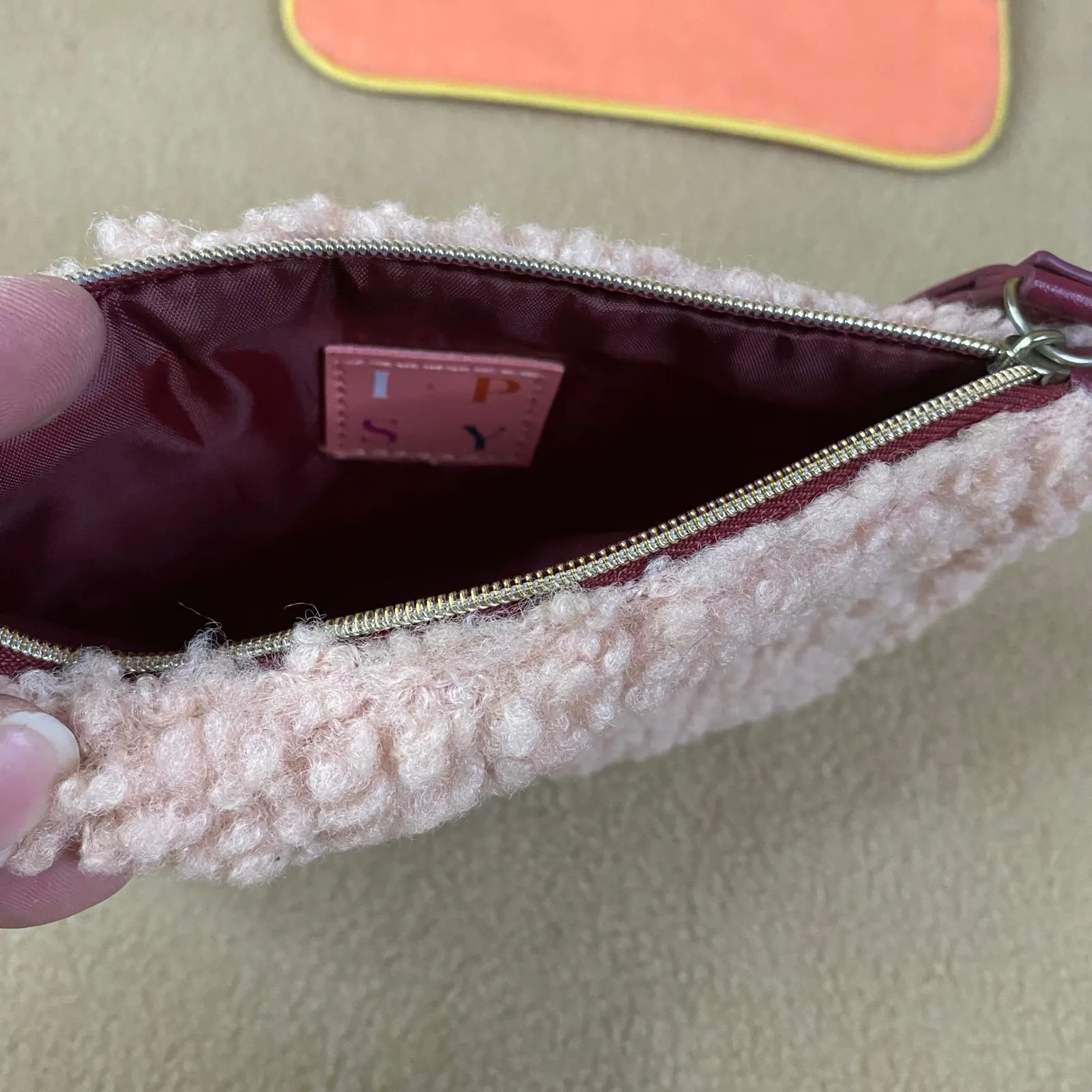IPSY Makeup Bags Set‎ of 2 Orange Canvas Pink Sherpa Wristlet Pouch Cosmetic GUC - Image 7
