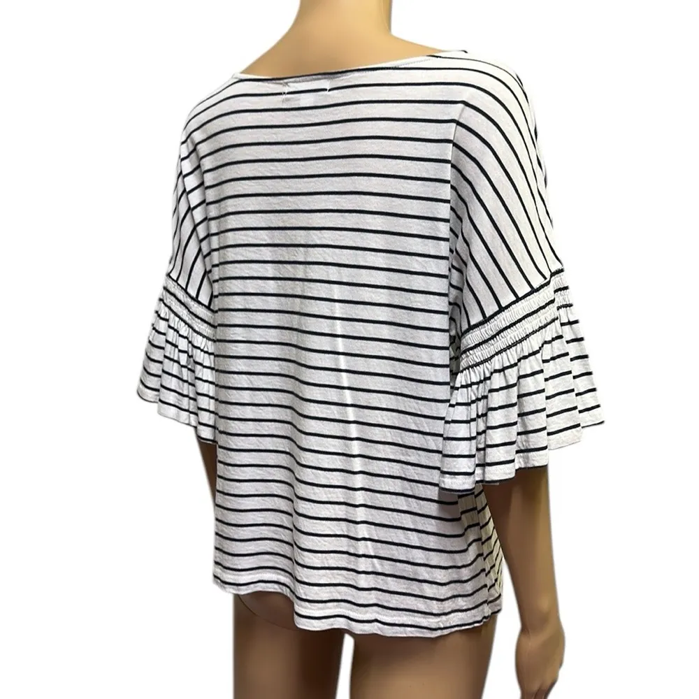 14th & Union White and Black Striped Ruffle Half Sleeve Tee Shirt Top Petite M - Image 5