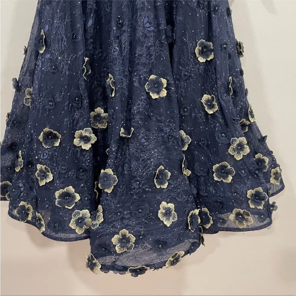 Mac Duggal 67809 Lace Floral Low V-neck Cocktail Midi Dress Gown Midnight 4 - Image 5