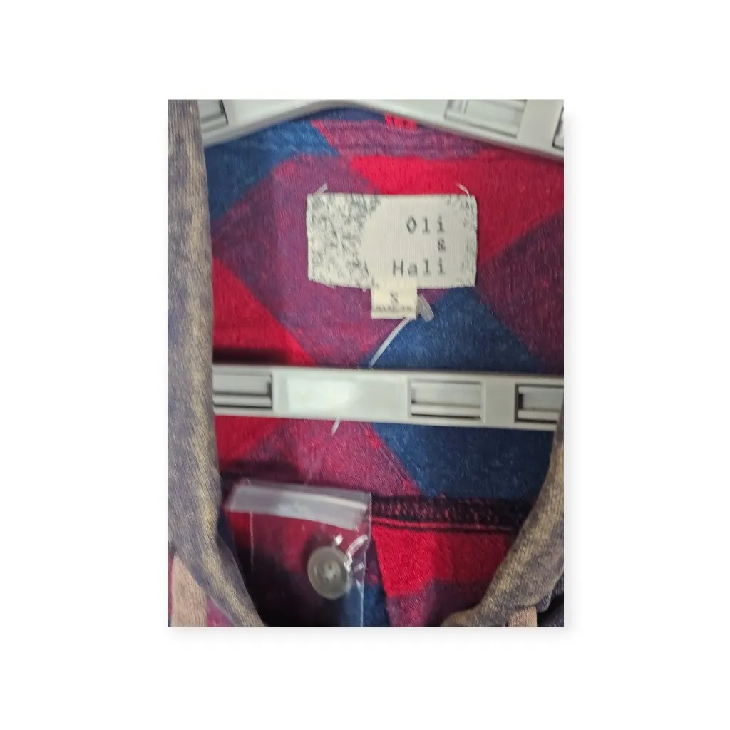Oli & Hali Hooded Red Blue Plaid Shacket Brown Sleeves Distressed Hem Size S - Image 8