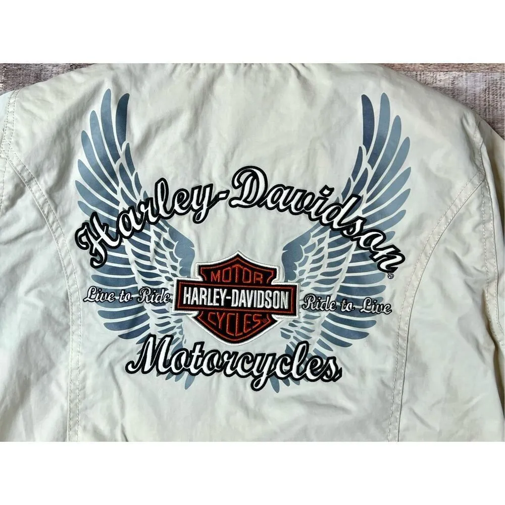 Harley Davidson Motorcycle Cream Embroidered Graphic‎ Bomber Jacket Coat MEDIUM - Image 7