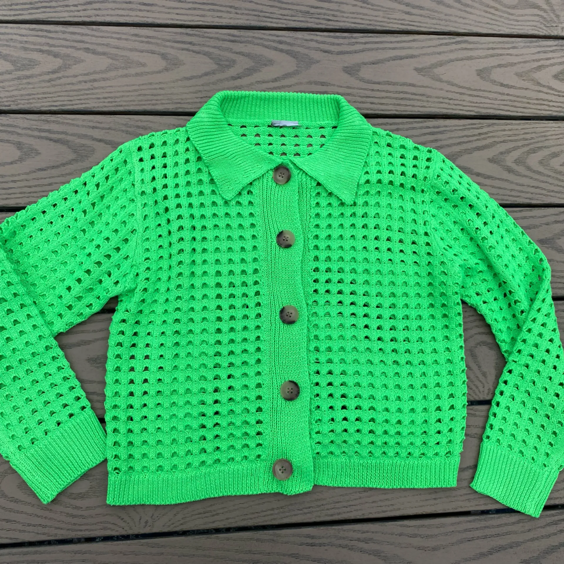 Chunky green neon collard cardigan small H&M long sleeve top - Image 2
