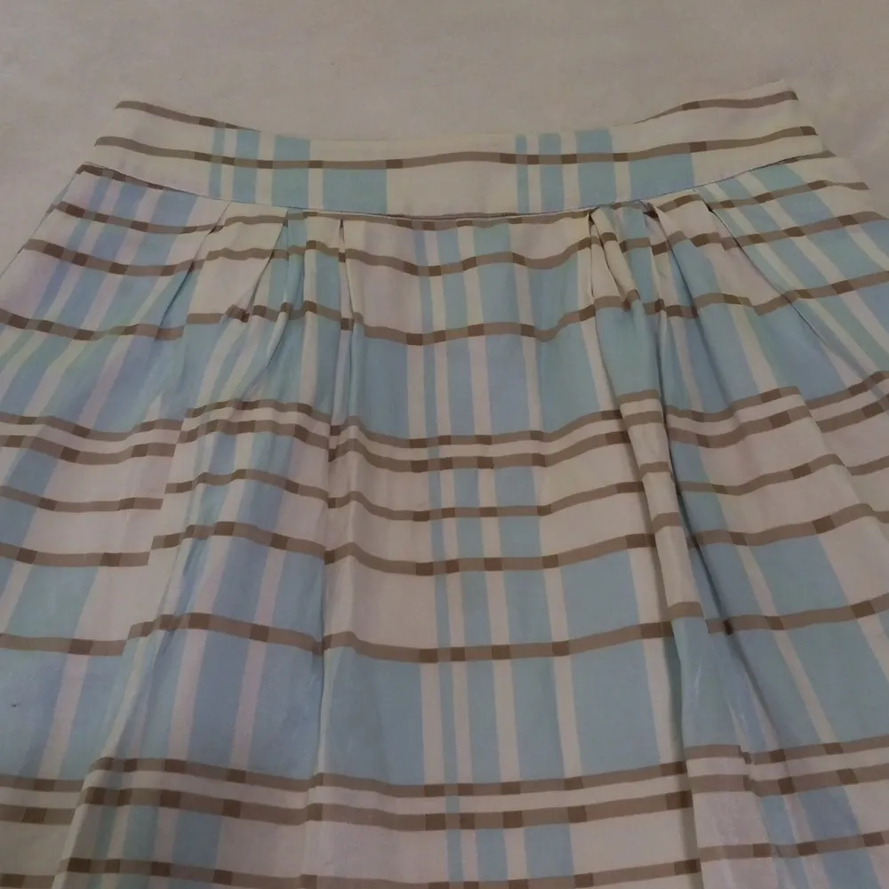 Pendleton Blue & White Plaid Striped Silk Retro Pleated A-line Pocket Midi Skirt - Image 13