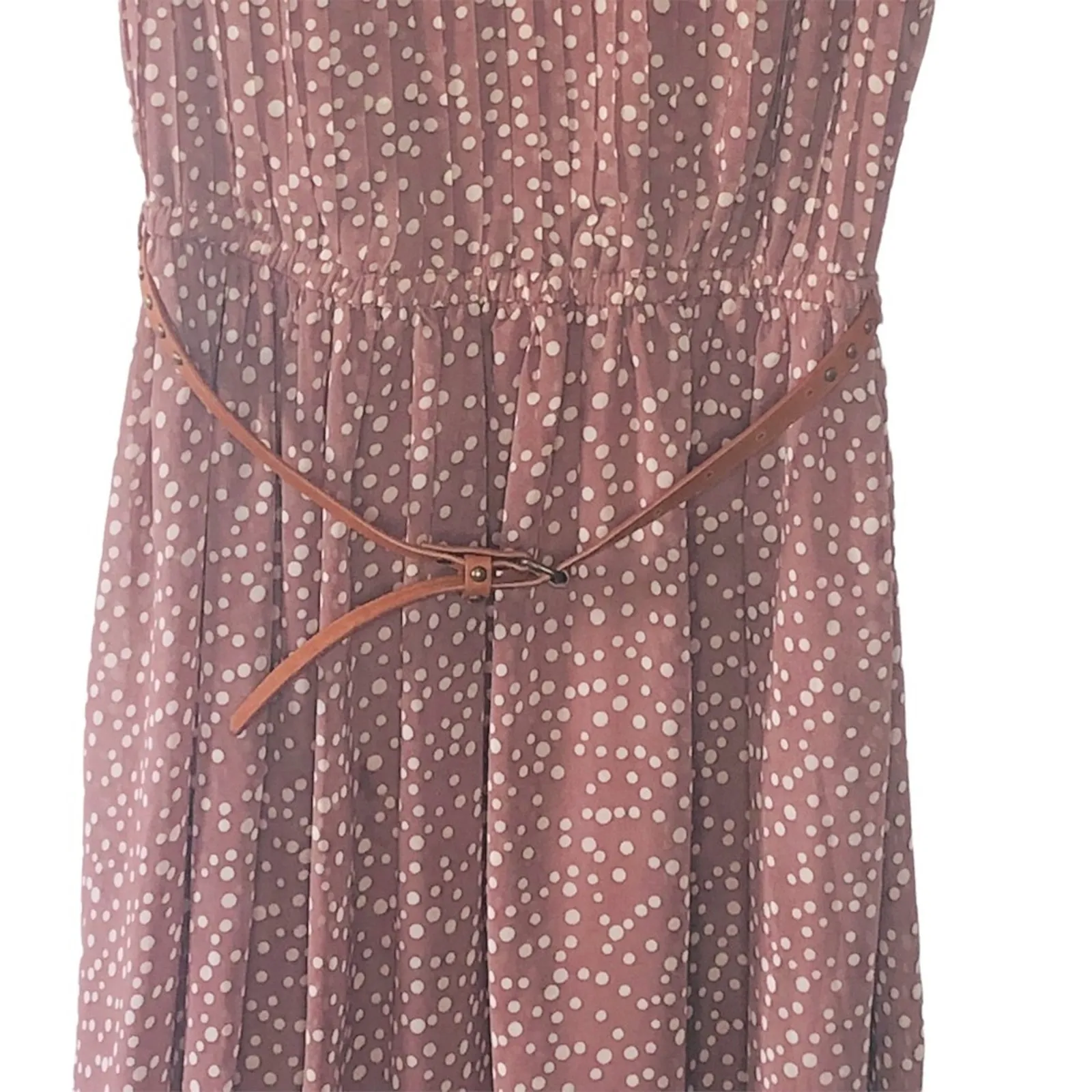 Double Zero Tan Polka Dot Sleeveless Belted Dress Medium - Image 6