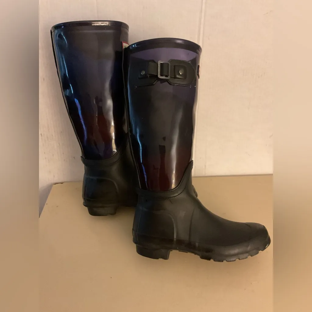 Hunter original RARE women waterproof Black and Purple tall Rain Boots size 7 - Image 11