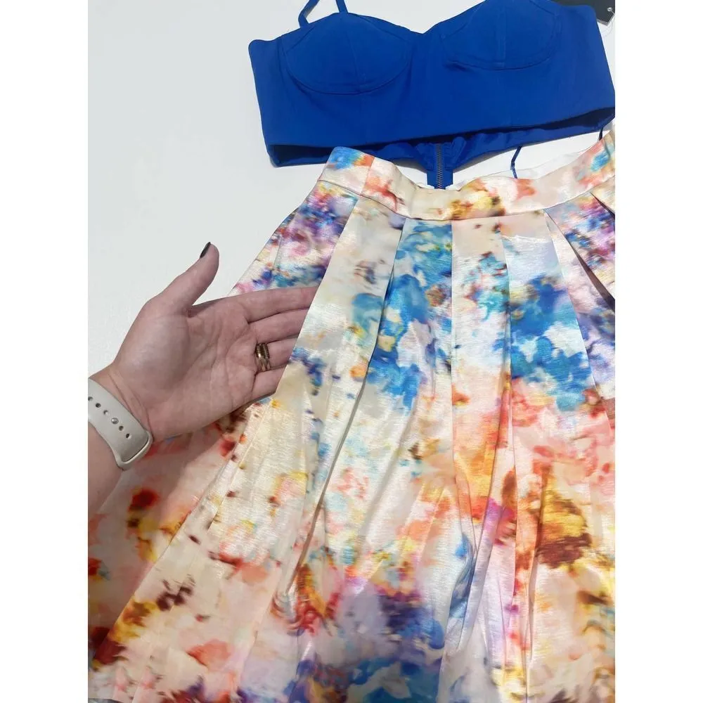 Aqua Bustier Crop Top Pleated Skirt Cutout Mini‎ Dress Marble Print Blue White 6 - Image 10