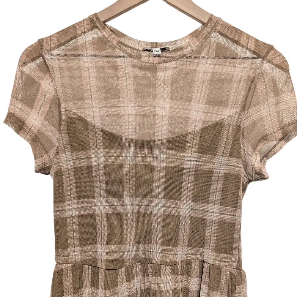 AUW Plaid Mesh Overlay Midi Dress Large Sheer Y2K Neutral Minimalist Chic Twee Pink - Image 4