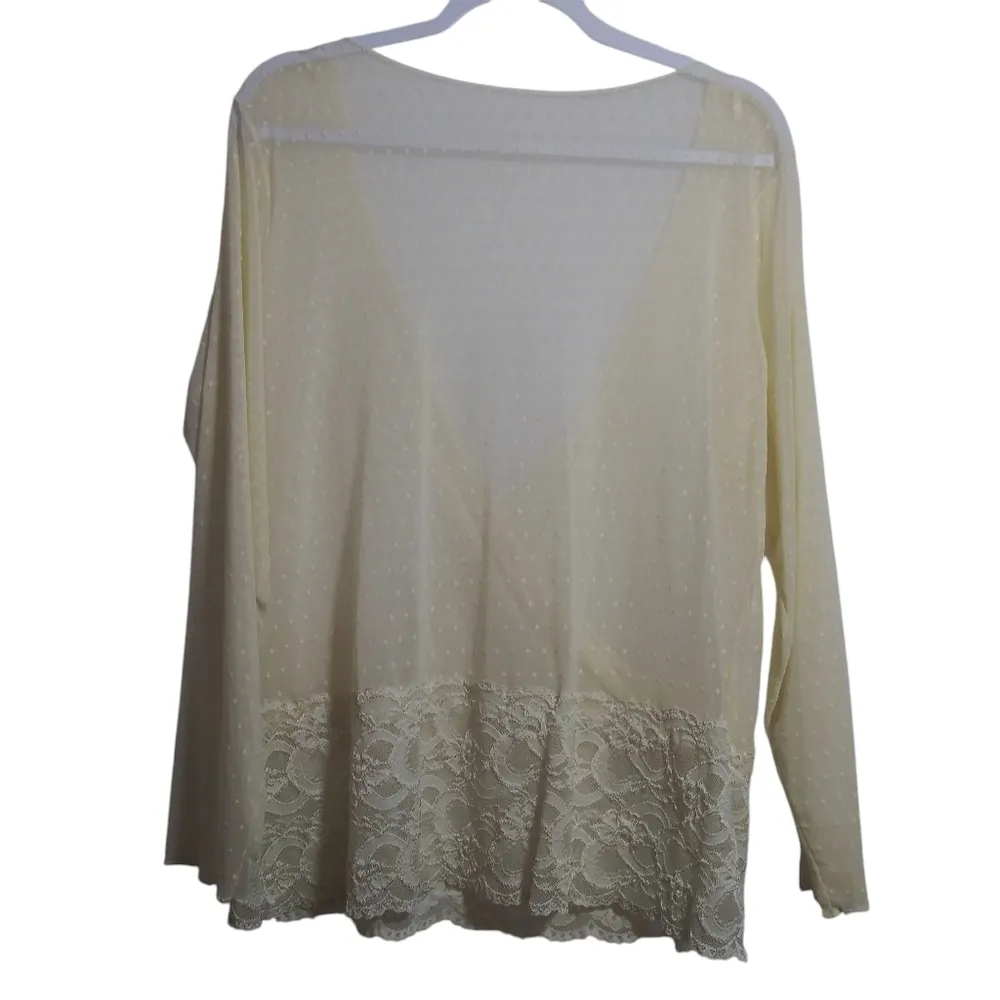 Cream Sheer Swiss Dot Deep V Faux Wrap Lace Long Sleeve Stretch Top Size XXL - Image 2