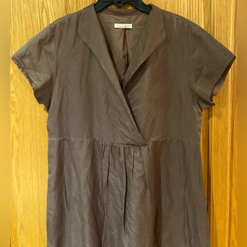Eileen Fisher Short Sleeve Collared Faux Wrap A-Line Brown Silk Blend Dress Sz M - Image 2