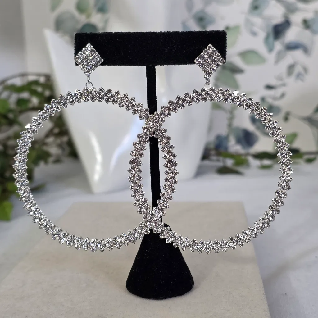 Large Silver and Rhinestone Hoop Earrings - Image 2