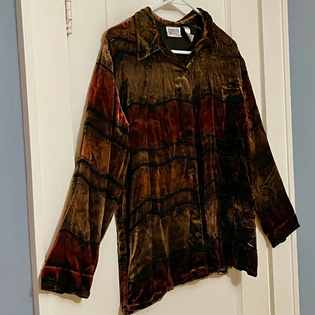 Chico's design silk rayon velvet button up blouse sheer detail size 2 = large - Image 3