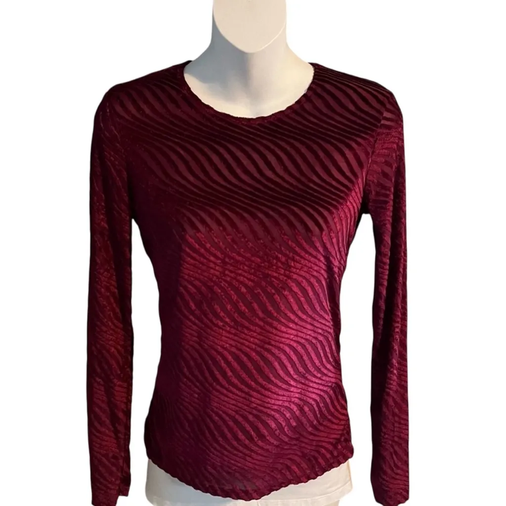 ZARA Sheer Velvet Wavy Ripple Top S 16” p2p Burgundy EUC - Image 2