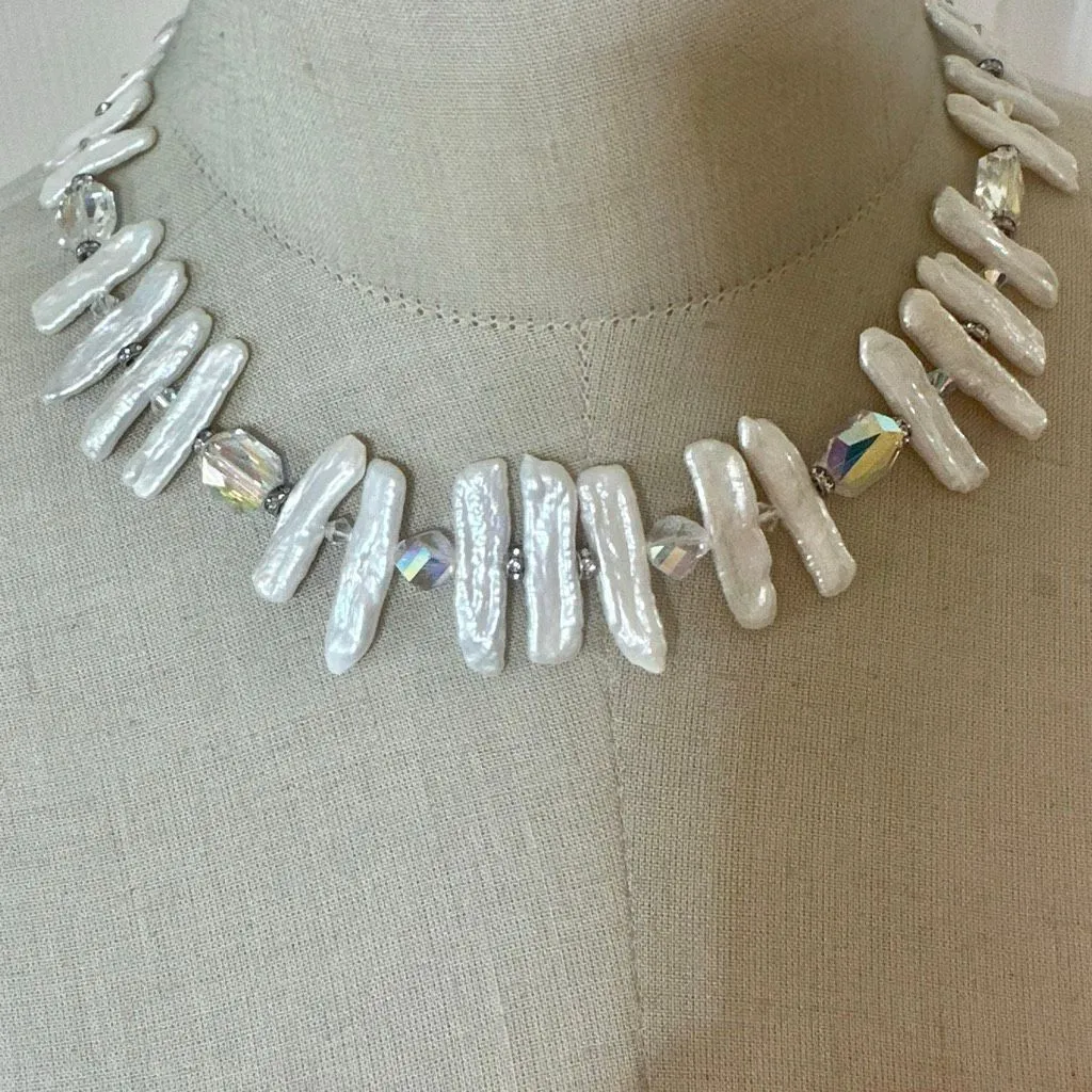 Sterling Silver LUO – Freshwater Stick Pearl Necklace w/ Swarovski Crystals - Image 2