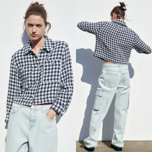 Zara JACKET TWEED WEAVE TEXTURE BLAZER W/ BUTTONS RHINESTONES HOUNDSTOOTH NEW - Image 2