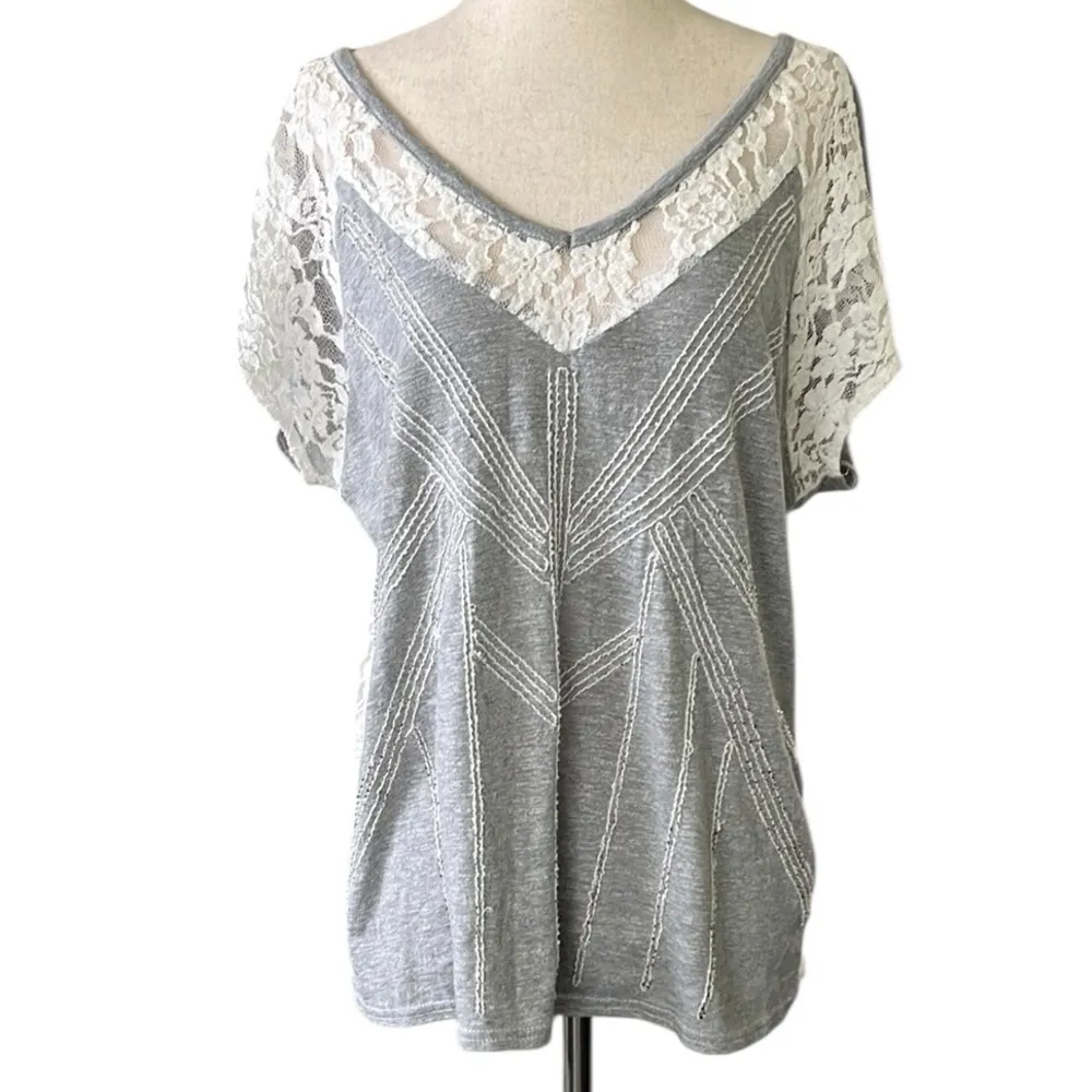 Vintage Miss Me Lace Tee Top Gray Beaded V-Neck - Image 12