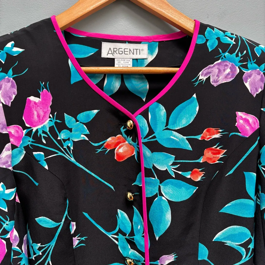 Vintage Midi Skirt and Blazer Set In Floral Print Silk Size M - Image 3