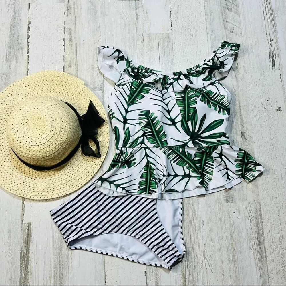 Palm Leaf Ruffled Peplum Tankini Swimsuit with High Waisted Striped Bottoms - Image 2