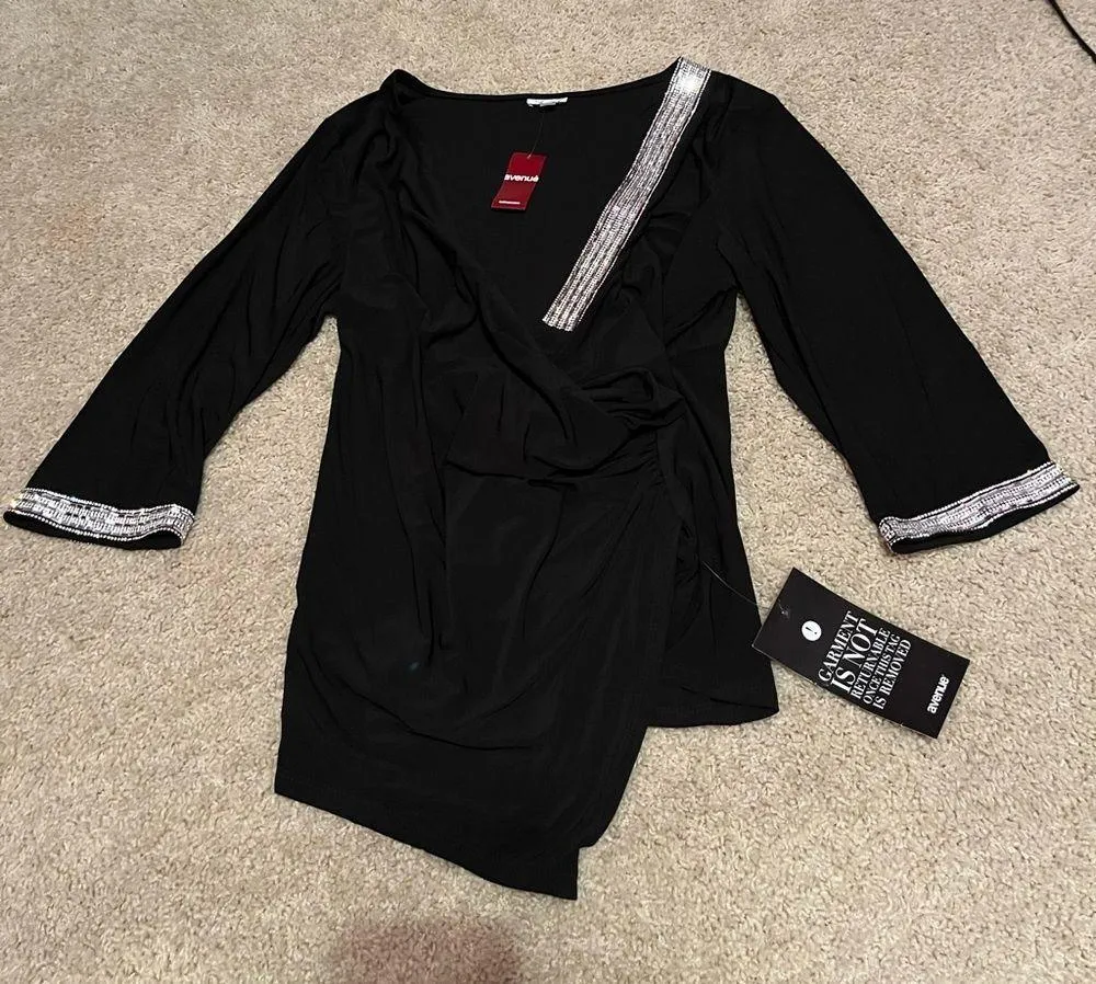 Black cross front three quarter sleeve sequin hem low cut up never worn Size 14 - Image 3