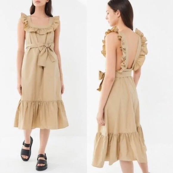 NWT Urban Outfitters Tan Poplin Ruffle Midi Dress NO BELT  Pockets - Image 2