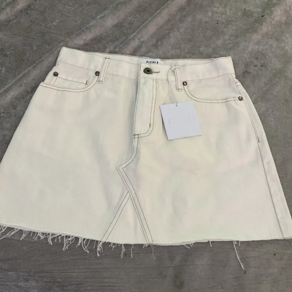 PISTOLA ivory Off White Denim A Line Mini Skirt Size 27 NET Raw Hem Casual Short - Image 5