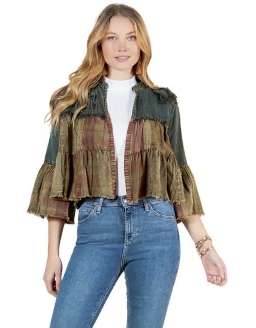 Young Threads Ruffle Patchwork Boho Denim Cardigan M Whimsiboho Western Hippie Blue Size M - Image 1