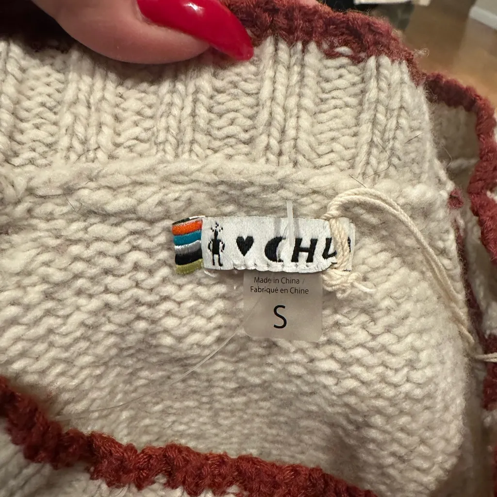 SMARTWOOL CHUP Qo’a Patterned CREWNECK Sweater Cream Red Wool Blend S - Image 7