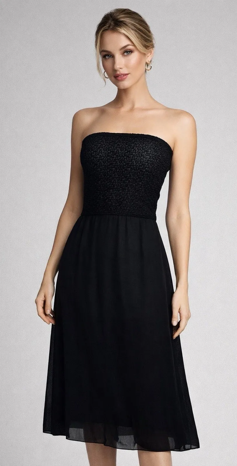 EMPORIO ARMANI Strapless Silk Black Midi Dress Textured Mesh Flowy Size Large - Image 1