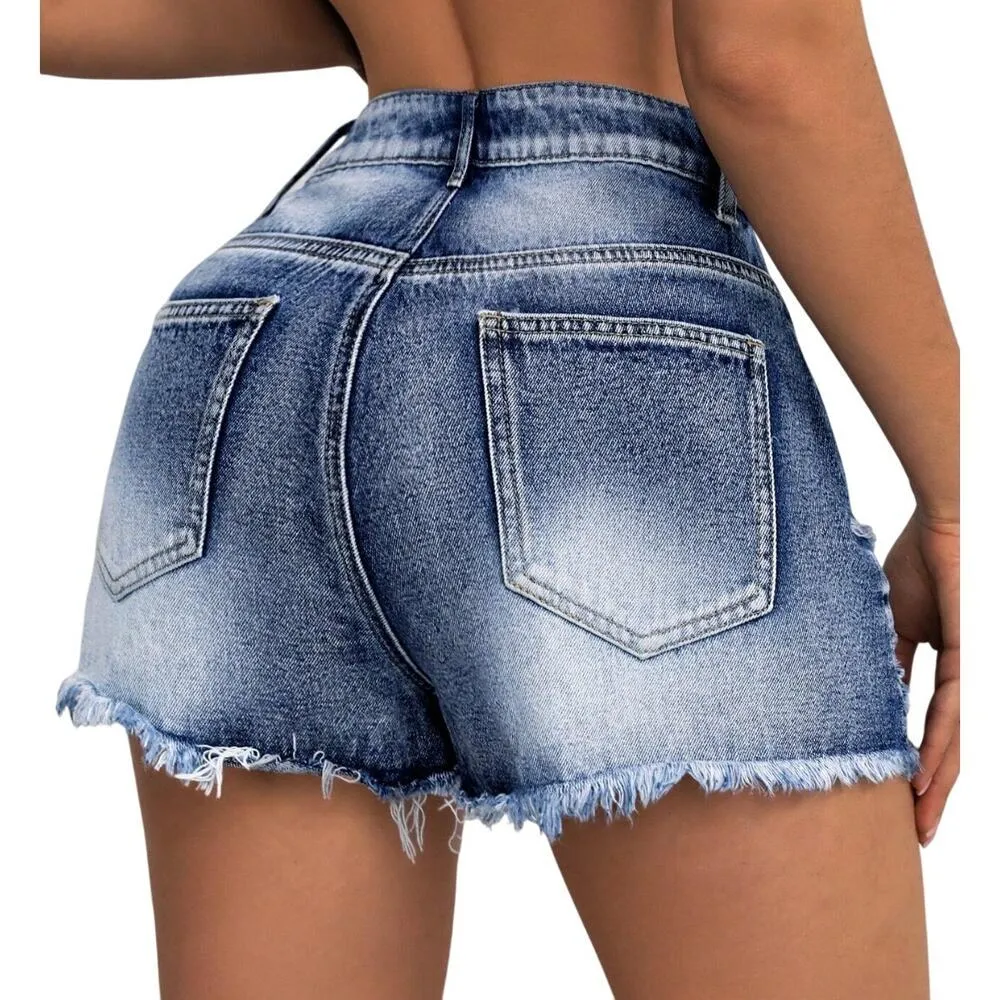 Cross Patch Fringed Denim Shorts in Medium Wash, Size 2/26​​ - Image 2